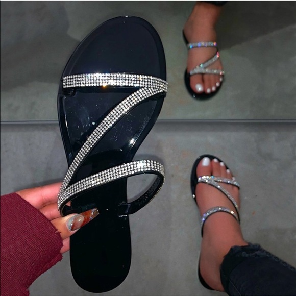 Black Jelly Rhinestone Flat Sandals - Picture 6 of 7